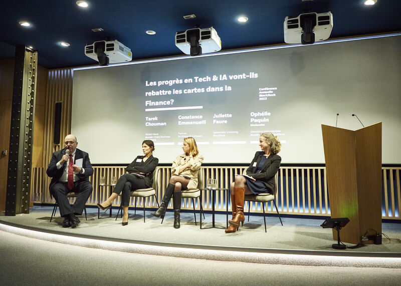 Tarek Chouman participating in a panel discussion on technology and AI in finance, sharing insights on how Aladdin adapts to industry-specific needs
